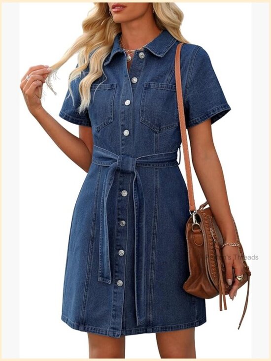 Dresses & Skirts - Denim Dress Short Sleeve Button Down Babydoll with Pockets